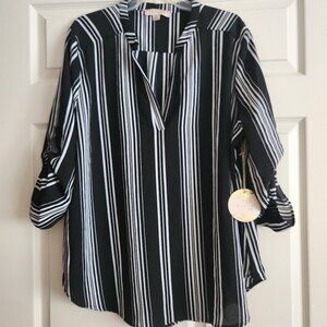 MISIA curvy women's blouse NEW w/Tag size-3X Black/White stripes adjust. sleeves